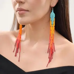 AHAYA Rainbow colored extra long tassel earrings Bohemian style gradually changing color earrings handmade glass beads rice beads seed beads women's earrings jewelry Valentine's Day Christmas gift