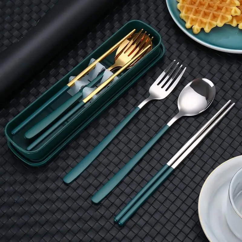 3pcs Stainless Steel Portable Travel Cutlery Set with Spoon Fork Chopsticks Storage Box, Perfect for Outdoor Use, Road Trip Essentials, Family Customization, Office, Students, Tableware Kit, Utensils Set