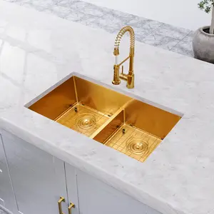 LQS 16 Gauge 32" X 18" stainless steel sink,Gold undermount sink,Double Bowl Kitchen Sink,Low Divide Design Double handmade Sink with accessories