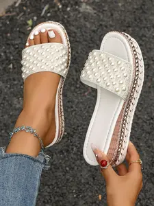 Women's Fashionable Pearl Decorated Platform Sandals, Boho Style Buckle Design Slide Sandals for Beach Vacation, Trendy Exquisite Slippers for Women, Walking Shoes, Elegant Fashionable Sandals