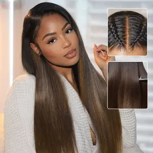 【LIVE SALE】UNice  13x4 Ombre Chestnut Brown Yaki Straight Wig with Drawstring Glueless Human Hair Lace Frontal Wigs with Bleached Knots Beginners Friendly Natural Scalp