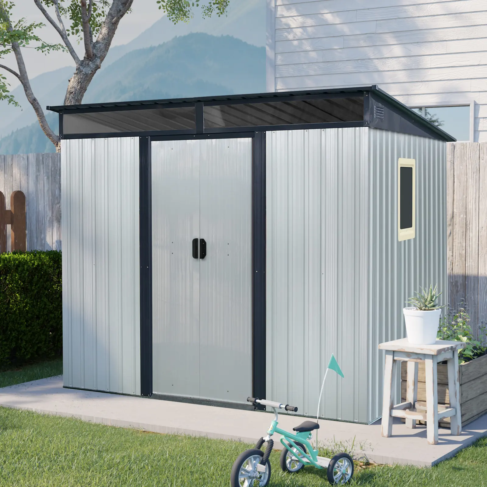 Outdoor Metal Storage Shed, 8x6 FT, White and Black, Galvanized Steel, Weatherproof with Window, Foundation Frame, and Accessories