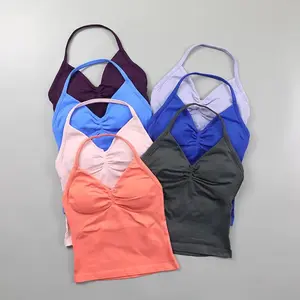 DFYNE Seamless Longline Halter Gym Top, Backless Yoga Tank with Removable Pads, High-Strap Performance Activewear for Women, Chic Camisole for Fitness, Running & Training