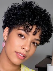 natural black color pixie cut human hair wigs short kinky curly  pixie wig 150% Denisty for women daily party cosplay use wig machine made Afro Kinky Wigs
