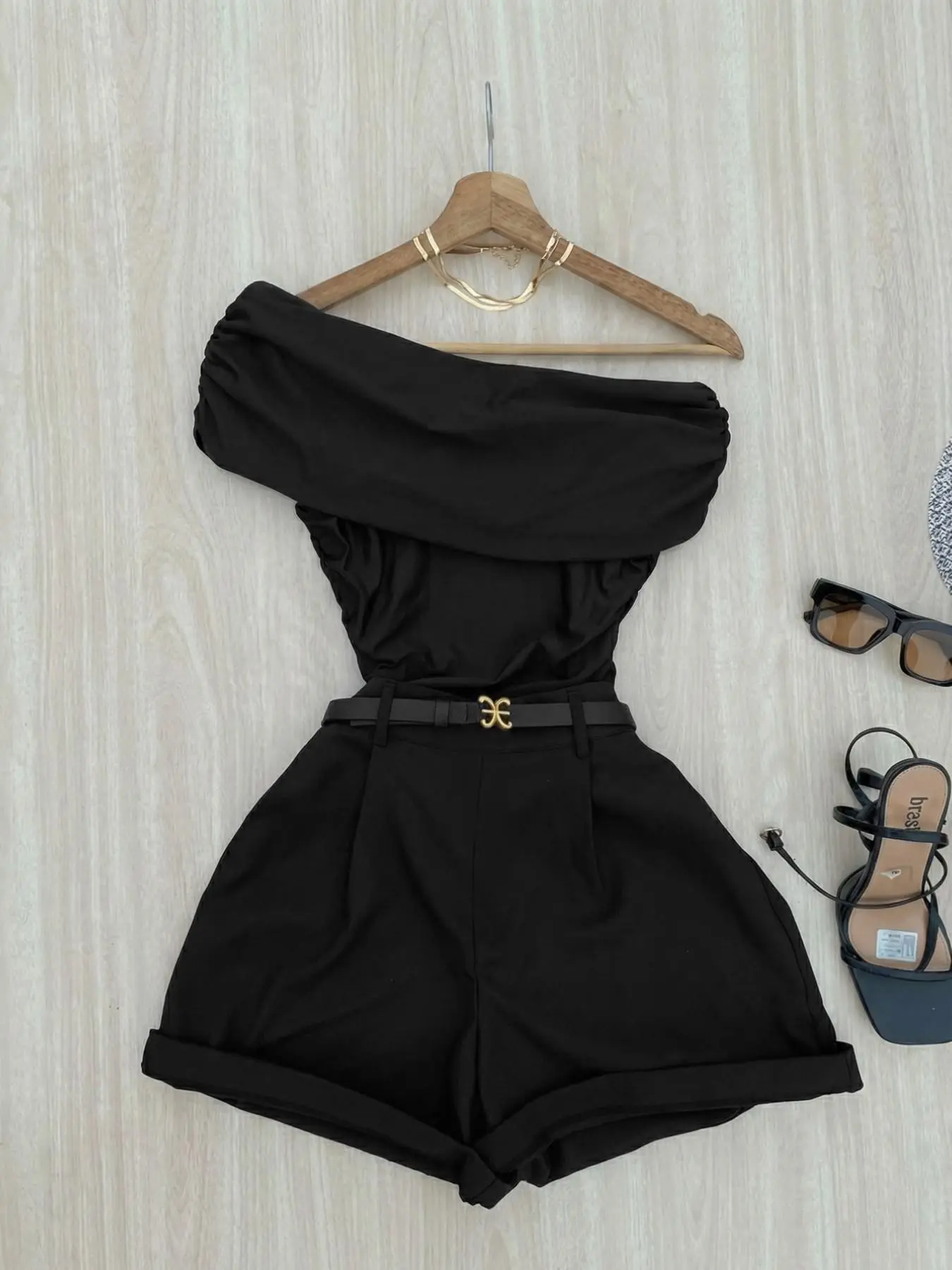 Women's Black Off-Shoulder 2-Piece Set, Ruched Bodysuit + High Waist Cuffed Shorts with Gold Buckle Belt, Y2K Coquette Style, Ideal for Daily & Going Out