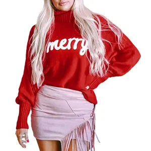 Women's Merry Letter Winteroutfit Embroidered High Neck Knit Pullover Sweater, Long Sleeve, Loose Fit - Knitwear, Womenswear