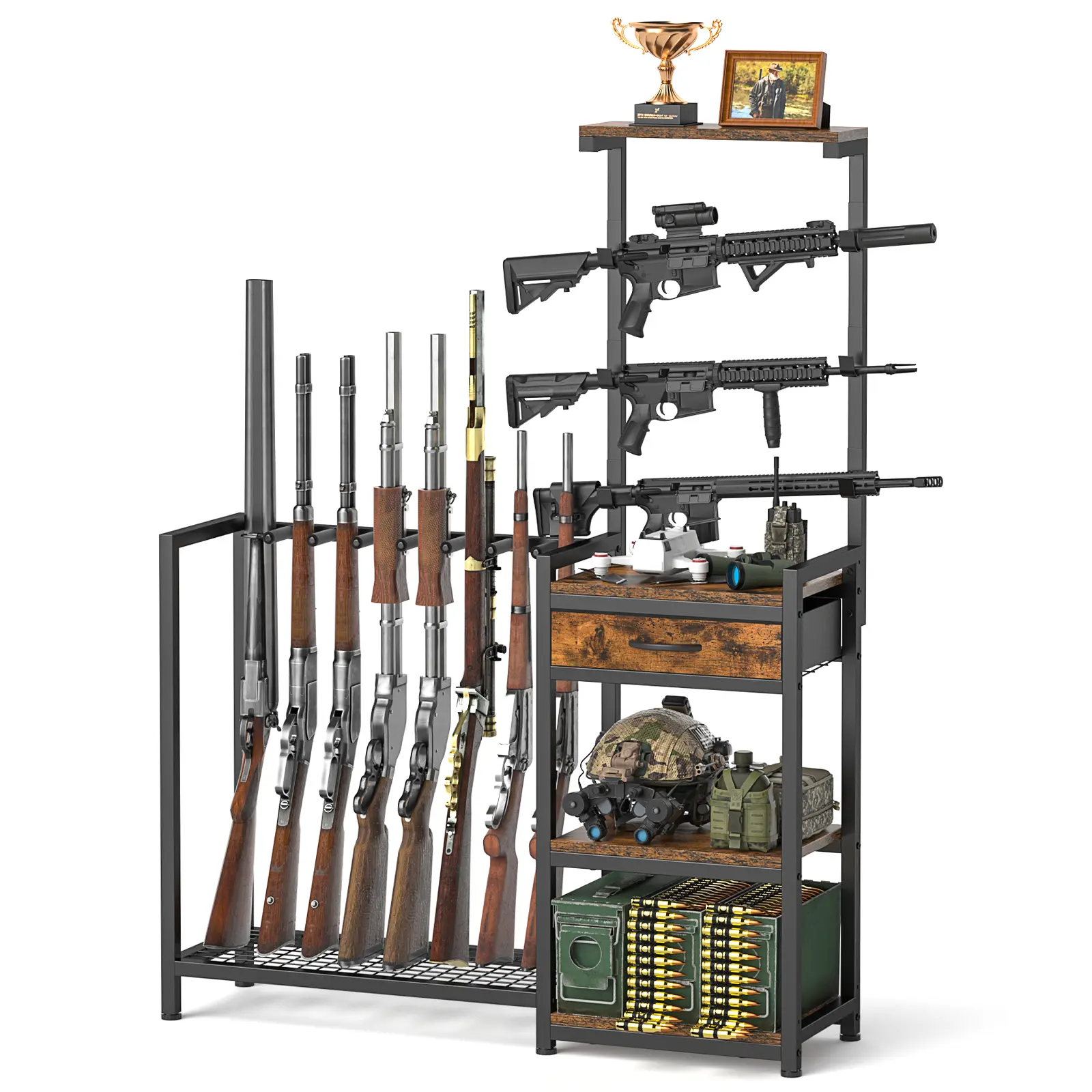 Freestanding Gun Rack, Holds 10 Long Guns, Vintage Metal Wood Rifle Shotgun Storage Stand with Drawer & Multi Shelves, Tactical Gear Display Organizer for Hunting Gear, Garage & Home
