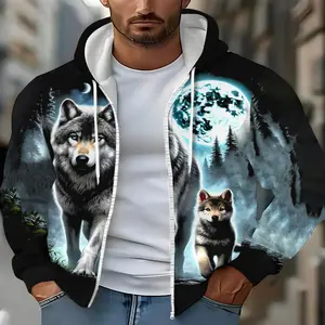 Men's long sleeved zipper cap sportswearCozy Living Room Hoodie with Wolf Design, Soft Polyester Fabric,Lightweight and Durable for Casual Attire, Perfect for Outdoor Adventures and Casual Style, Unique Graphic Print on Frontautumn and wint