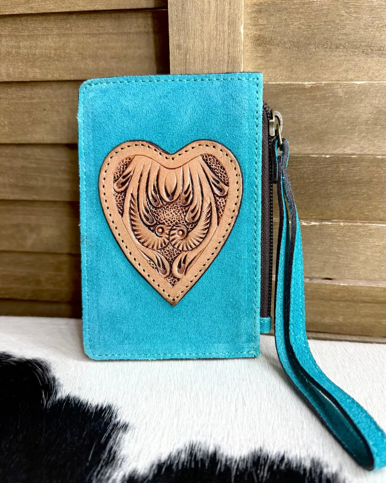 Suede Turquoise Heart Wristlet