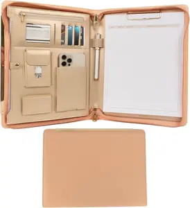 Peach Beige Vegan Leather Portfolio Binder for Women - Professional Padfolio Work Organizer with  Trim, Zippered Business Case for Documents