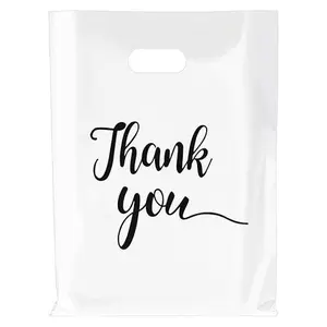 Thank You Gift Bags with Handles for Storage Reusable Goodie Plastic Bags White with Black Text 100 Bags