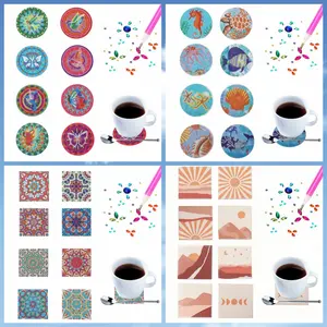 8 pieces/set of DIY irregularly shaped wooden printed anti-slip coasters with butterfly, mandala, landscape, and Marine animal patterns diamond painting art set coasters are suitable for coffee, tea cups, beverage decoration coasters or kitchenware