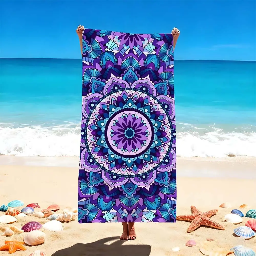 1 Pc Mandala Beach Towel: Purple and Blue Patterned Blanket for Beach & Pool – Ideal for Summer Relaxation and Swim Sessions, Reusable, Lightweight, Stylish, Generous Size for Seaside Adventures, Accessory for Sunbathing, Beach Accessories