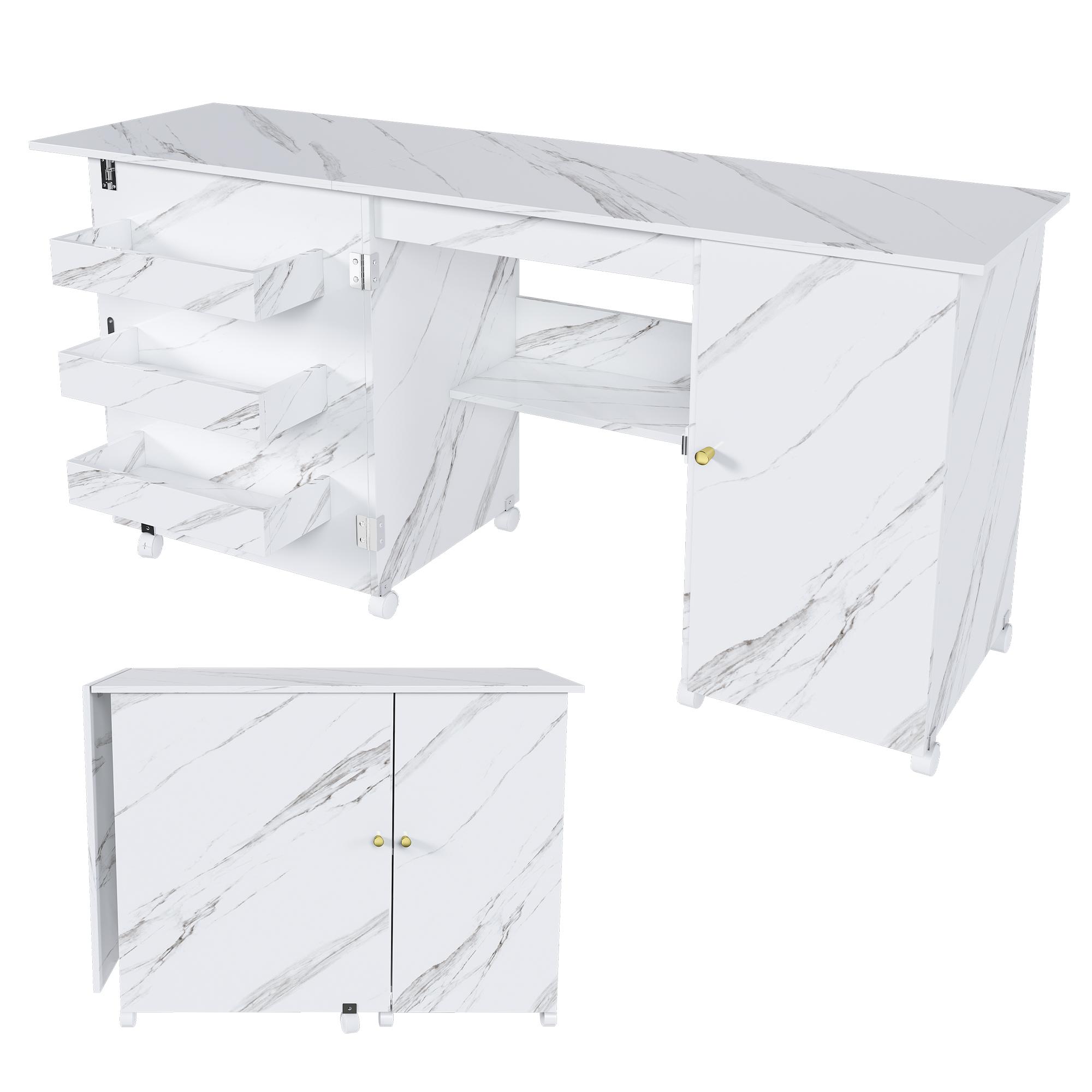 57.5"FoldableSewingMachineTablewithLockingCasters-Multi-StorageCraftStationDeskwithShelvesBinsCabinet,AdjustableSewingCabinetforHomeBedroomCraftRoom,SpaceSavingWhiteDeskforDormApartmentOffice,HobbyTableFurniture