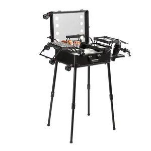 VEVOR Makeup Train Case with Lock, Lighted Mirror, 4 Storage Trays, Brush Holder, Travel Cosmetic Organizer Box w/ Swivel Wheels, Professional Artist Trolley Studio Free Standing Case