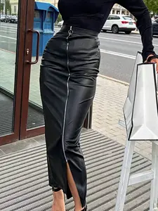 Women's Sexy Empress Style Fit Zipper Slit Faux Leather Skirt, Slimming Long Floor-Length Dress, Versatile Commute Date Party Skirt