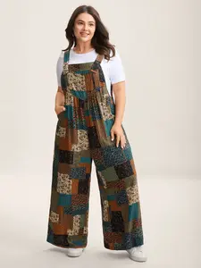BLOOMCHIC Vintage Boho Collage Overall Straps Jumpsuit Fit Pocket Sleeveless Summer Womenswear Batik Maxi Fitted Multicolor Bohemian Rayon Fabric