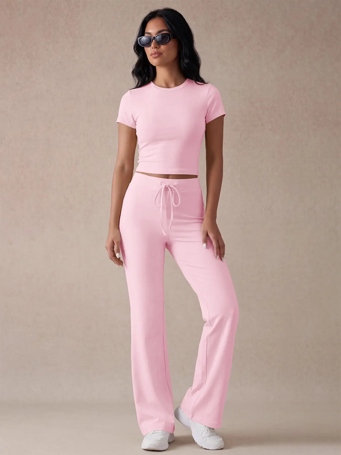 Women's Two-Piece Short Sleeve Drawstring Pants Set, Comfortable Sporty, Athletic Fashion Activewear, Gym Workout Set, Summer Yoga Fitness Clothing, Yoga Outfit, High Waist Above Ankle, Yoga Suit Set, Gym Workout Clothes