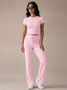 Women's Two-Piece Short Sleeve Drawstring Pants Set, Comfortable Sporty, Gym Workout Set, Summer Yoga Fitness Clothing, High Waist Above Ankle