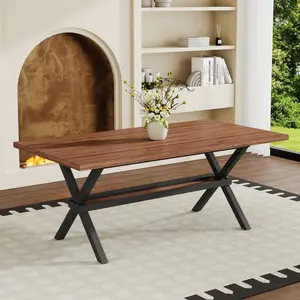 [Bellemave] 71 * 35.4 Inch Wood Grain Splicing Rectangular Dining Table, Modern Industrial Style Multifunctional Kitchen Table with X-Shaped Metal Legs, Suitable for 6-8 People