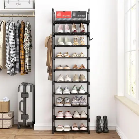MOMOK 10-Tiers Shoe Rack Tall Large Capacity 20-24 Pairs Wide Shoe Organizer Sturdy Shoe Shelf for Entryway with Two Hooks Metal Shoe Storage for Closet, Bedroom, Black