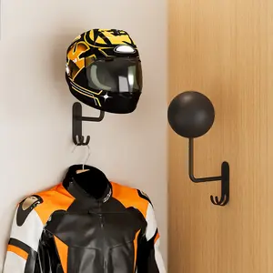 Helmet Stand with Hooks, Hat Rack, Wall-Mounted Motorcycle Helmet Display Holder, 180 Degree Key Ring Hook, Living Room Accessory