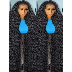13x4 360 HD Water Curly Full Lace Frontal Wigs Brazilian 40-42  Inch Loose Deep Wave Human Hair Wigs For Women 300% Density