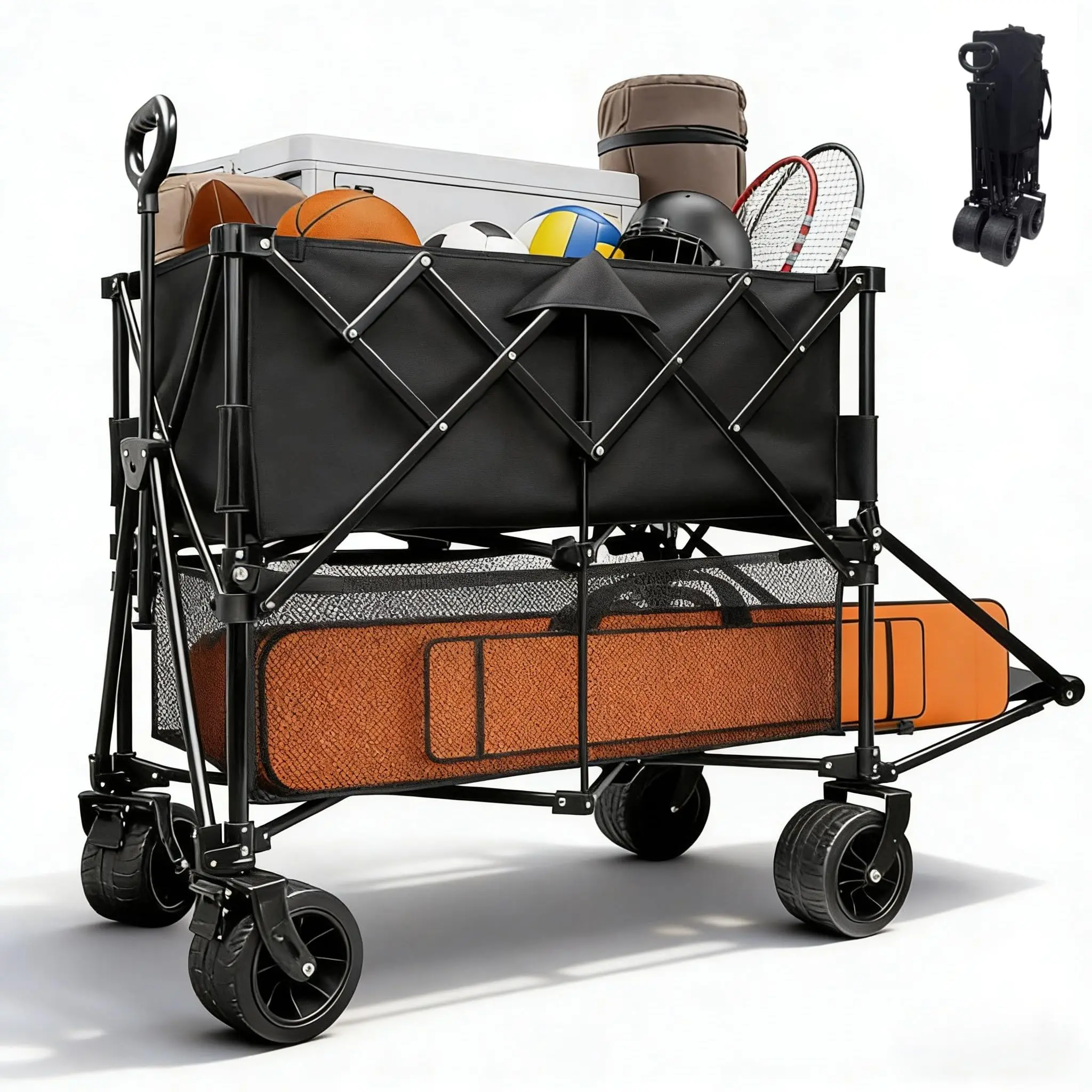 400L Large Capacity Double Decker Wagon Collapsible Wagon with Tailgate 55'' Extra Long, Foldable 450lbs Heavy Duty Beach Cart with All-Terrain Big Wheels,Utility Carts, Sports,Outdoor,Shoping Cart