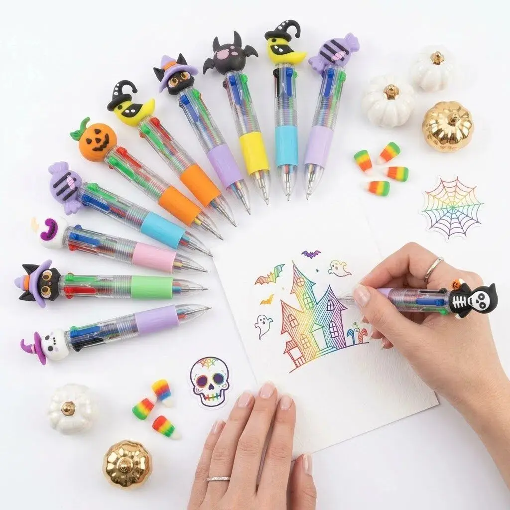 24PCS Halloween Fun Pens Multicolor Ballpoint Pens 4 in 1 Halloween Retractable 0.7mm Multicolor Writing Stationery for Party Favors Supplies Rewards Holiday Gifts kids Beadable minipens