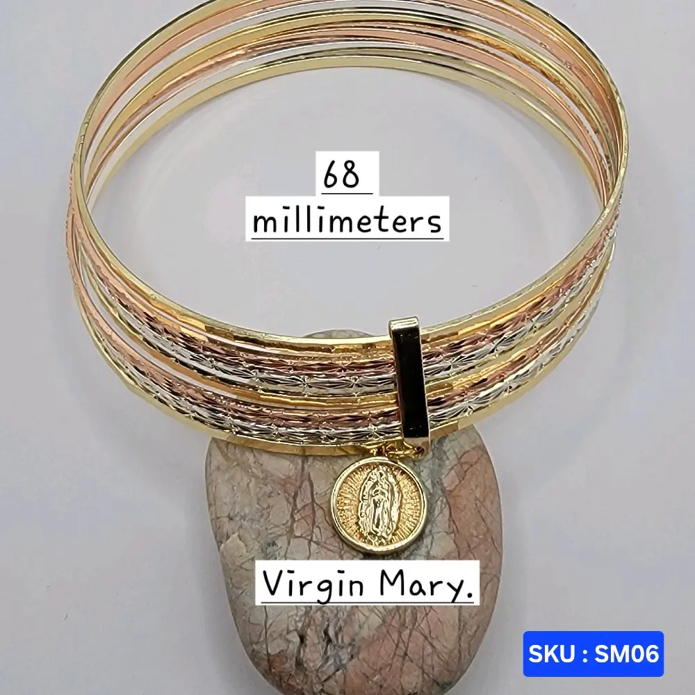 Fashionable Virgin Mary Bangle Semanario, Female Jewelry Accessory, Laminated Gold, 68mm Inside Diameter, 2mm Thickness, 7-Unit Friendship Bracelets, SKU SM06