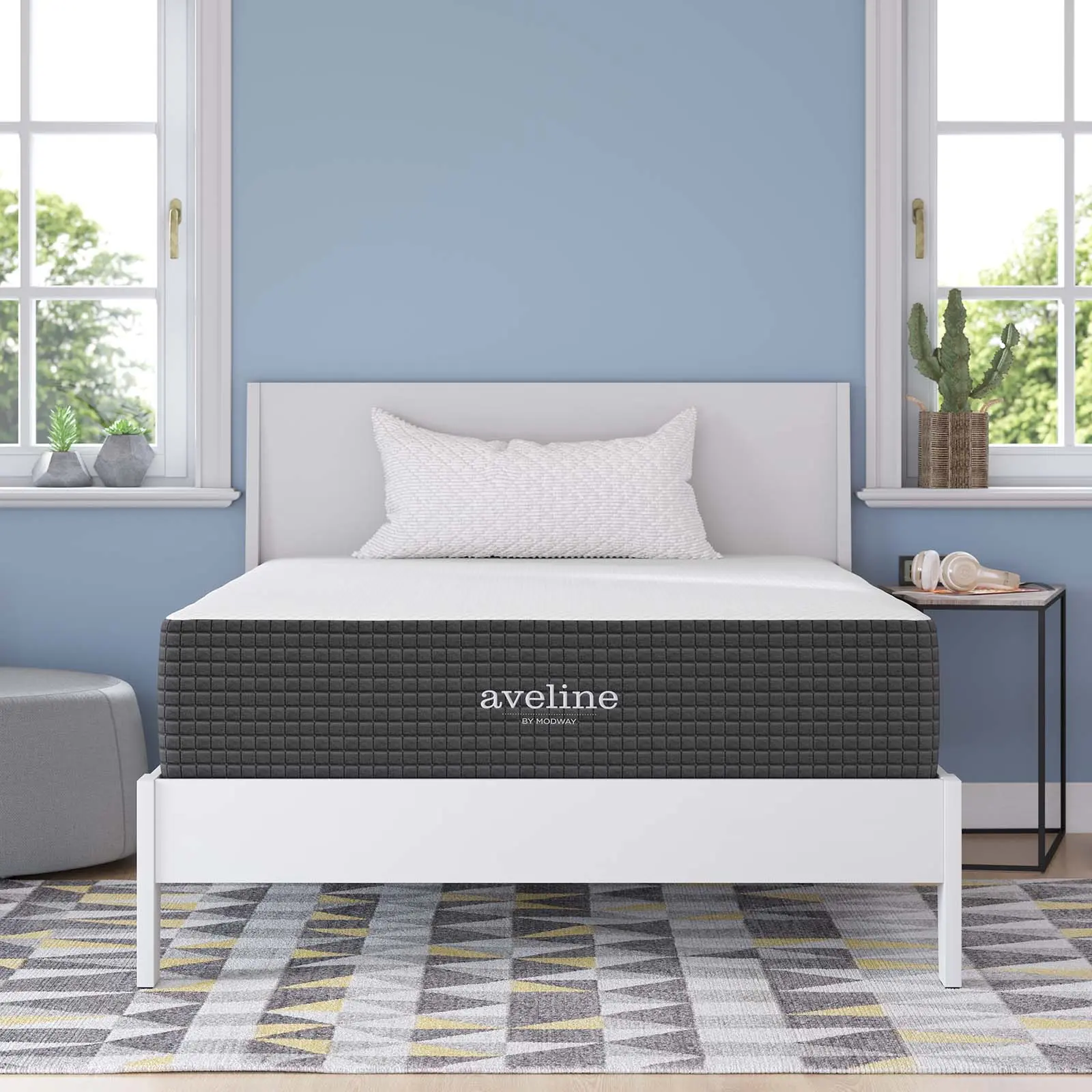 Modway Aveline 12" Cooler Open Cell Foam Based Full Mattress - White Stretch Knit Diamond Cover, Premium Bedding for Couples' Comfort, Foam Based Mattress, Premium Memory Foam