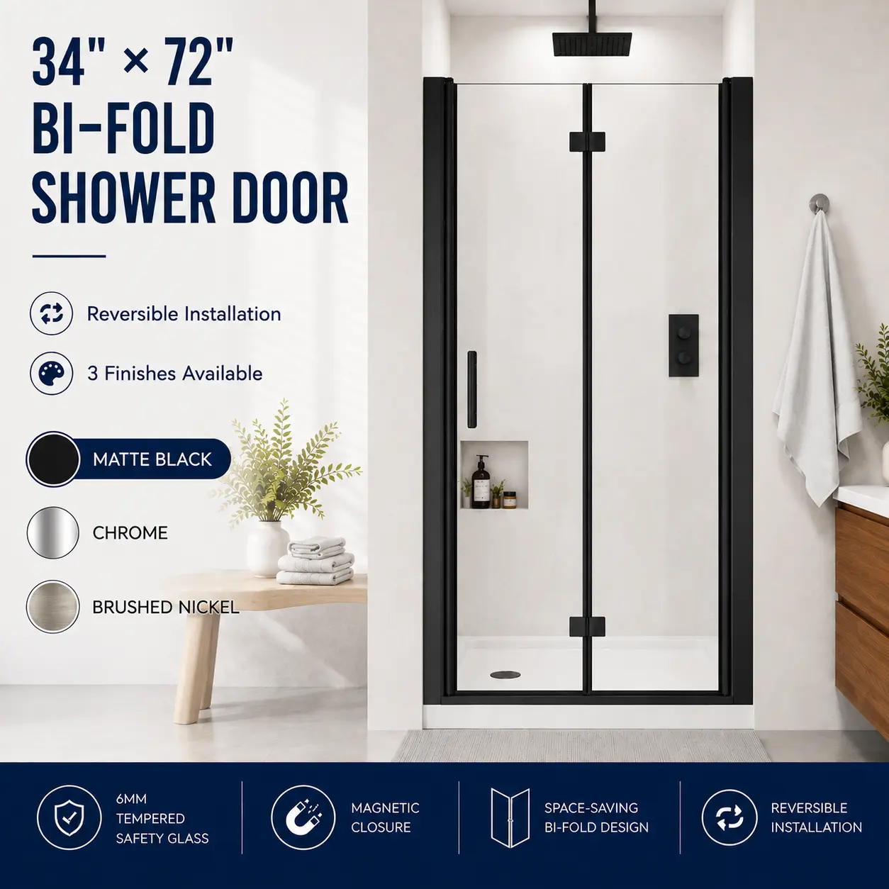 34x72 Inch Bi-Fold Shower Door, 1/4" Tempered Glass with Explosion-Proof Film, Matte Black Aluminum Frame, Reversible Installation