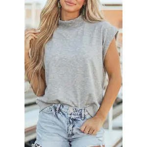 Light Grey Solid Color High Neck Cap Sleeve Loose Top