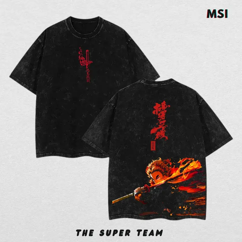 Rengoku x Demon Slayer Vintage Unisex Oversize Anime Manga Acid Washed Heavyweight Cotton Washed T-shirt & Washed Hoodie, graphic tee, anime merch fan, outfits men
