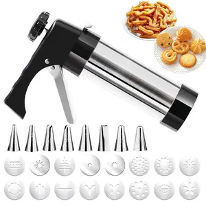 Churro Maker Machine - Stainless Steel Churros Gun Kit, 3-In-1 Multifunctional Cookie Press Gun with Piping Bag, 8 Piping Nozzles and 16 Cookie Discs for Making Churro, Cookie and Cake DIY