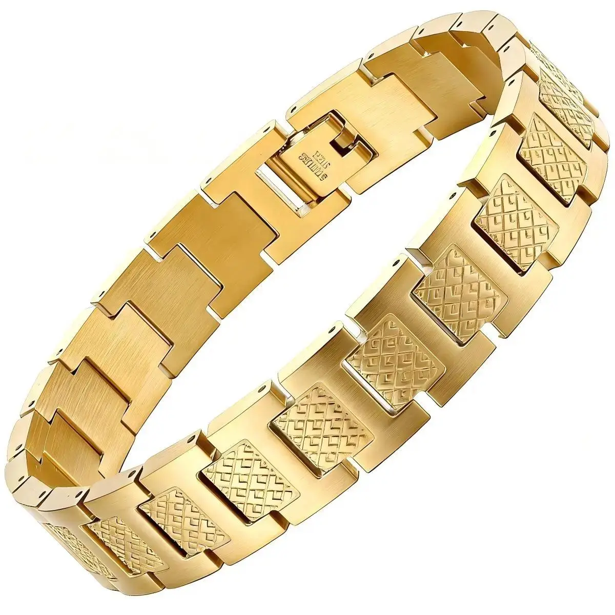 Men's Stainless Steel Grid Texture Bracelet with Fold-Over Clasp, Everyday Wear Fashion Jewelry Gift