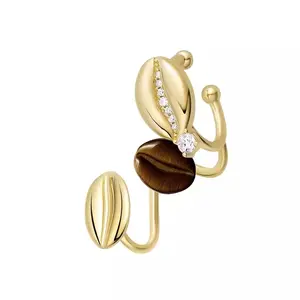 [Honger] Coffee Bean Ear Climber Cuff with Tiger Eye Stone-18K Gold-Plated