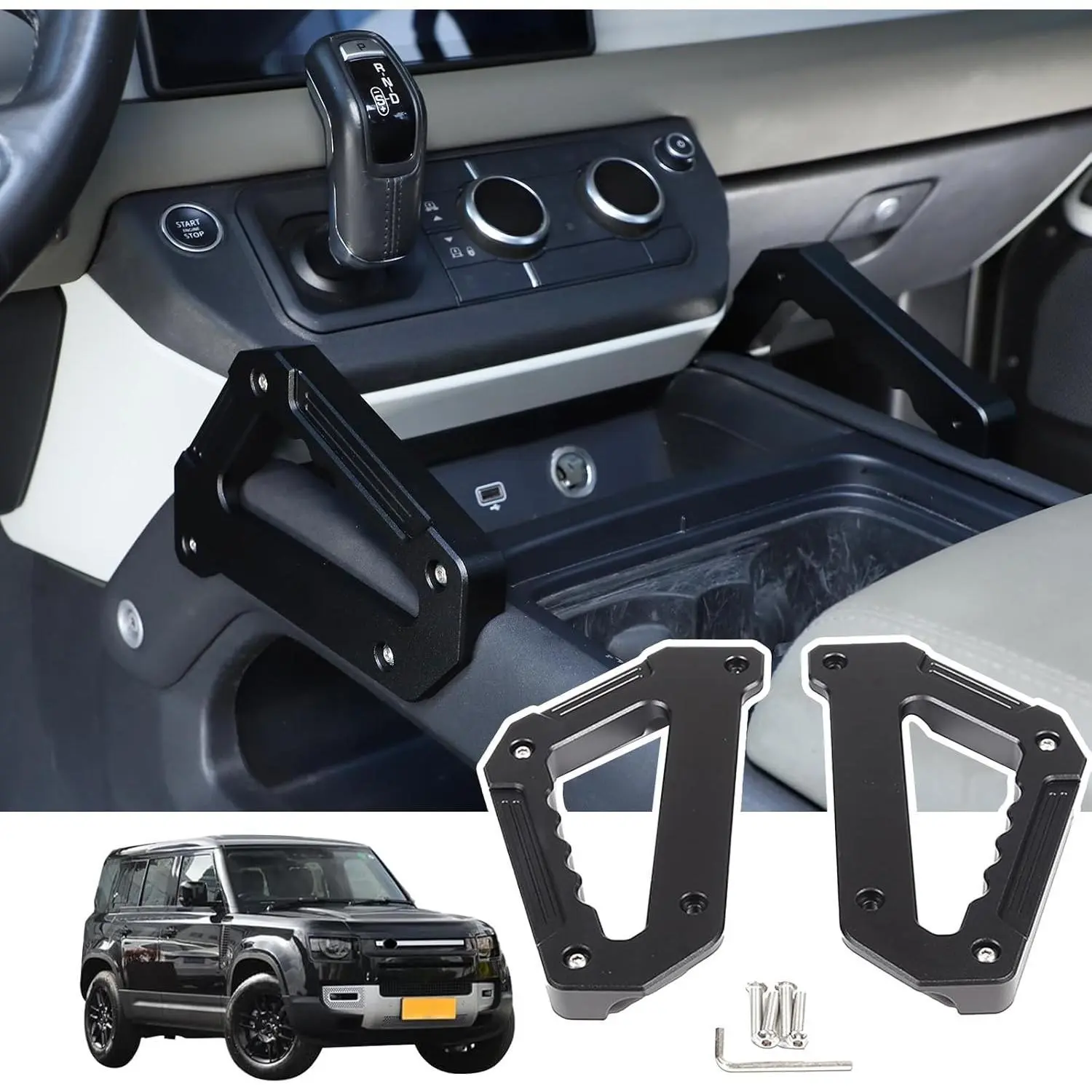 High Quality Aluminum Alloy Car Center Console Grab Handles, Paint Baking & UV Treated Car Interior Upgrade Accessories, Black Double-Side Armrests (2 Pieces/1 Pair) for Land Rover Defender 90/110/130 (2020-2024)