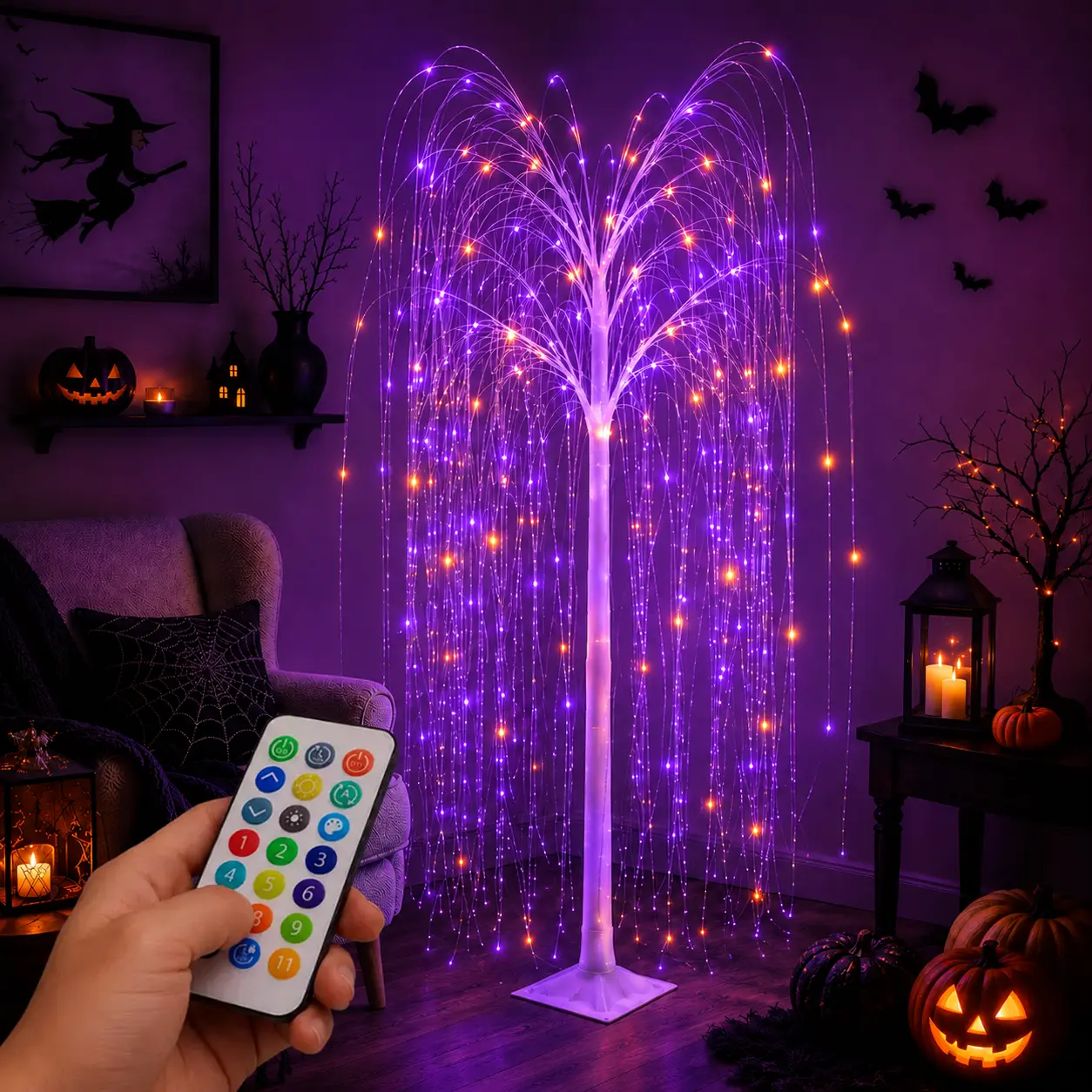 6FT LED Artificial Halloween Willow Tree Lights - 12-Color RGB Strip, Remote Control, Fiber-Optic Branches - Ideal for Home Decor, Holiday Celebrations