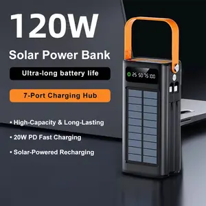 50000mAh Solar Power Bank PD22.5W Fast Charging With Two Detachable Charging Cables &Multiple Output Ports External Battery Pack with USB C for Cell Phones, Solar Panel Charging with LED Flashlight for Camping