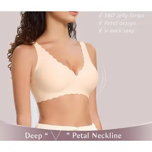 Deep V Wireless Bras for Women No Underwire Seamless Bralettes for Women with Support Floral Wavy Womens Bras Beige Womenswear