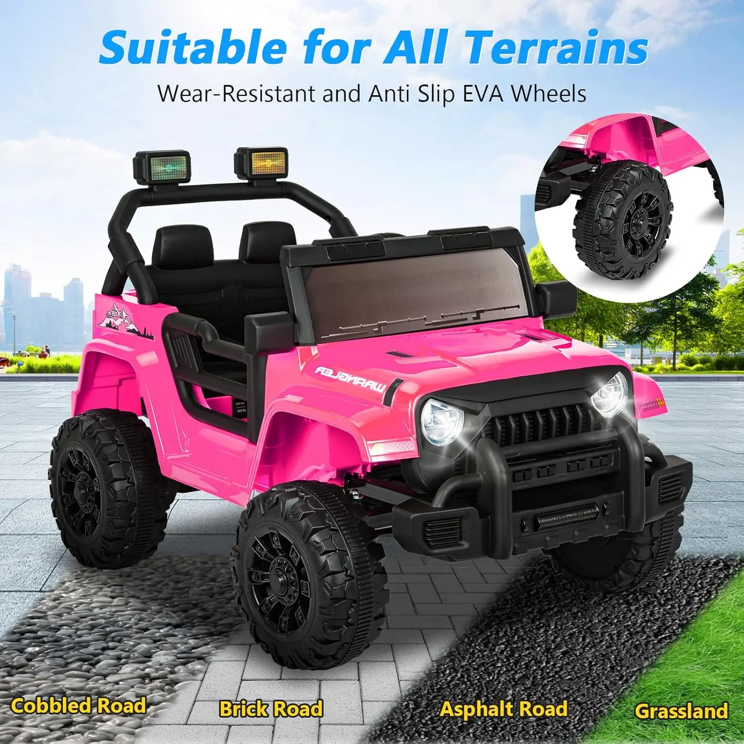 12V Rechargeable Battery-Powered Kids' Off-Road UTV Truck Ride-On Car - Parent Remote Controls, Realistic Look, Anti-Skid Rubber Wheels, Adjustable Safety Belts, Shock-Absorbing, Cobble/Brick Handling, MP3 Player, Headlights, Pink Holiday Present for Kids