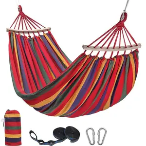 Portable Striped Canvas Hammock, Single Double Size Outdoor Hanging Swing Bed for Camping Garden Travel