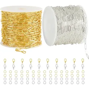Kyutong 2 Rolls Paperclip Chain for Jewelry Making 32.8 Feet Jewelry Chain Links Silver and Gold Chains Bulk with Lobster Clasps and Jump Rings for DIY Craft Finding Jewelry Making Supplies