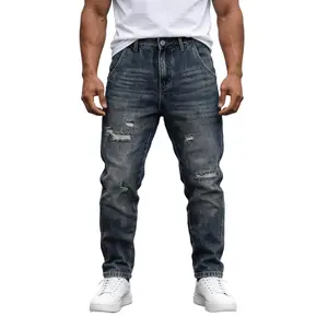 HME-267 Men'S Worn-Out Dark Blue Torn Jeans Tattered Slim Fit Trousers High-Street Vintage Washed Casual Denim Pants