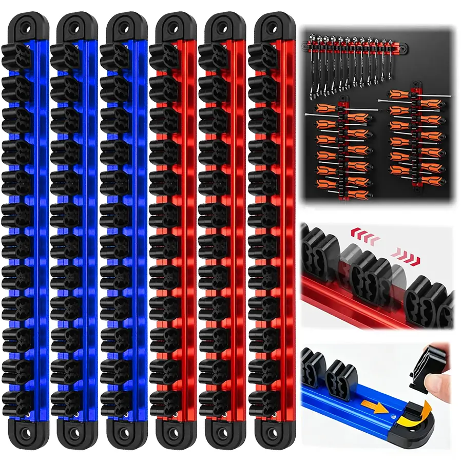 6-Piece Magnetic Screwdriver Organizer and Wrench Organizer, 14-Slot Screwdriver and Wrench Holder, Magnetic Aluminum Rail Tool Organizer for Tool Box Drawer Wall-Mount Storage(Tools not Included)