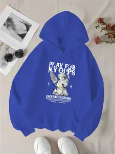 Women's Letter & Angel Print Drawstring Pocket Hoodie, Casual Long Sleeve Hooded Sweatshirt for Daily Wear, Ladies Clothes for All Seasons