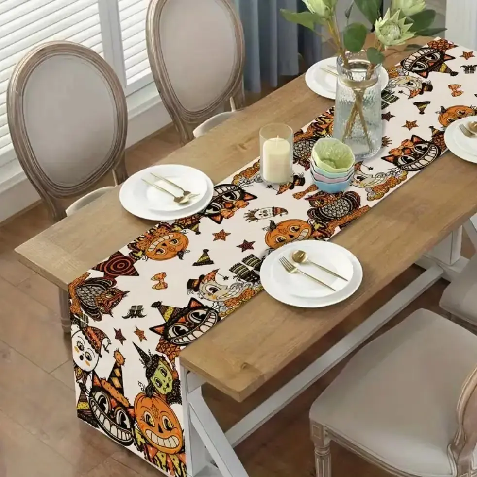 Linen Halloween Table Runner, Vintage Pumpkin Witch Cat Spooky Pattern Table Decor, Fall Dining Kitchen Decoration, Halloween Party & Holiday Home Decor