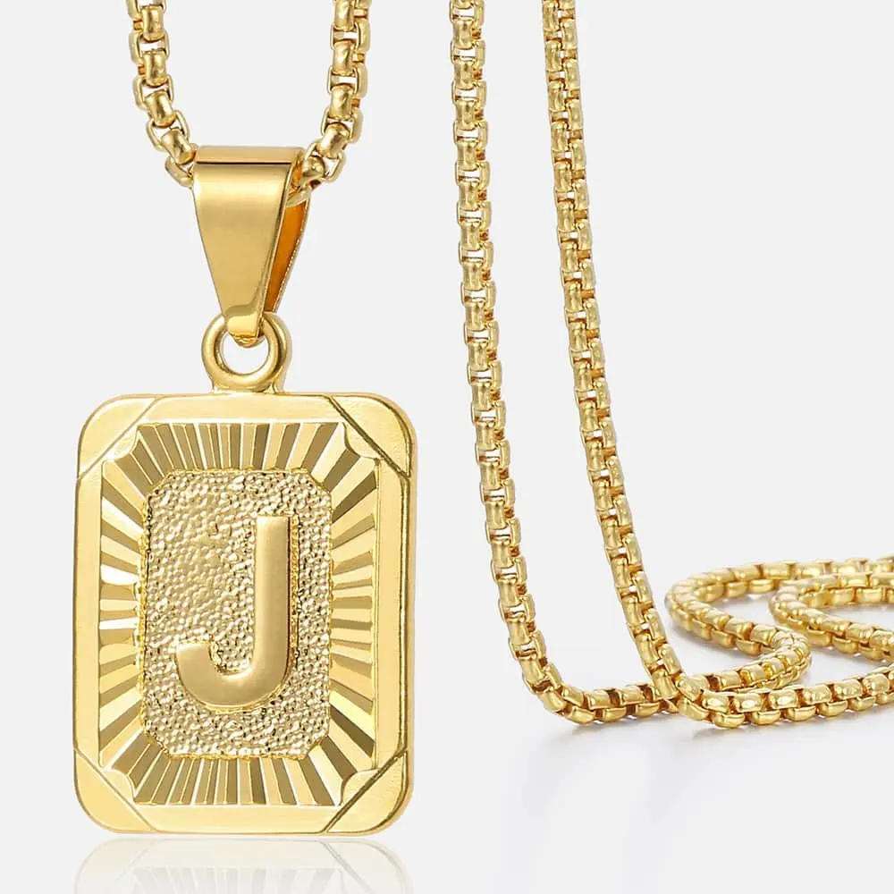 Initial Letter Pendant Necklace For Women Men A-Z 26 Square Charm Gold Color Stainless Steel Box Chain 18inch/22inch Jewelry