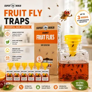 Super Ninja Fruit Fly Traps for Indoors - 6 Pack, Highly Effective Fruit Fly Catcher for Indoor Use for Home & Kitchen, Up to 3 Weeks of Performance per Bottle, Kid & Pet Friendly
